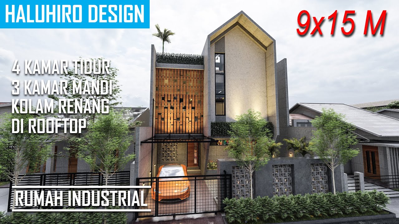 Salah Satu Desain Rumah Industrial Terkeren 9x15 Meter!! Ada Kolam Renangnya di Atas Rumah!!!