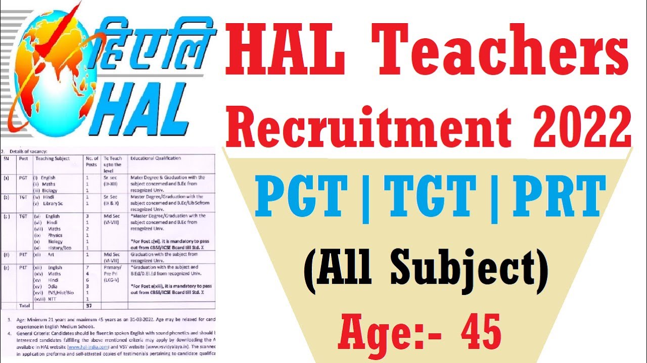 CENTRAL GOVERNMENT PGT TGT PRT TEACHERS RECRUITMENT 2022 | HAL TEACHER VACANCY NOTIFICATION | AGE 45