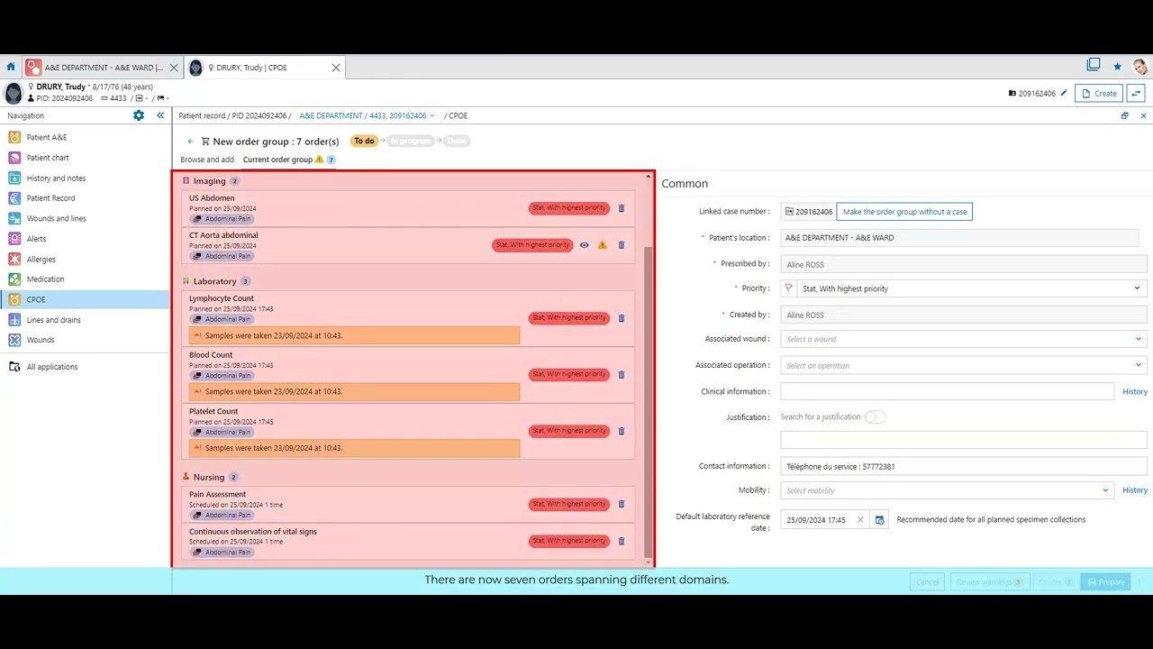 CPOE Dedalus ORBIS EMR: shows workflows across various domains.