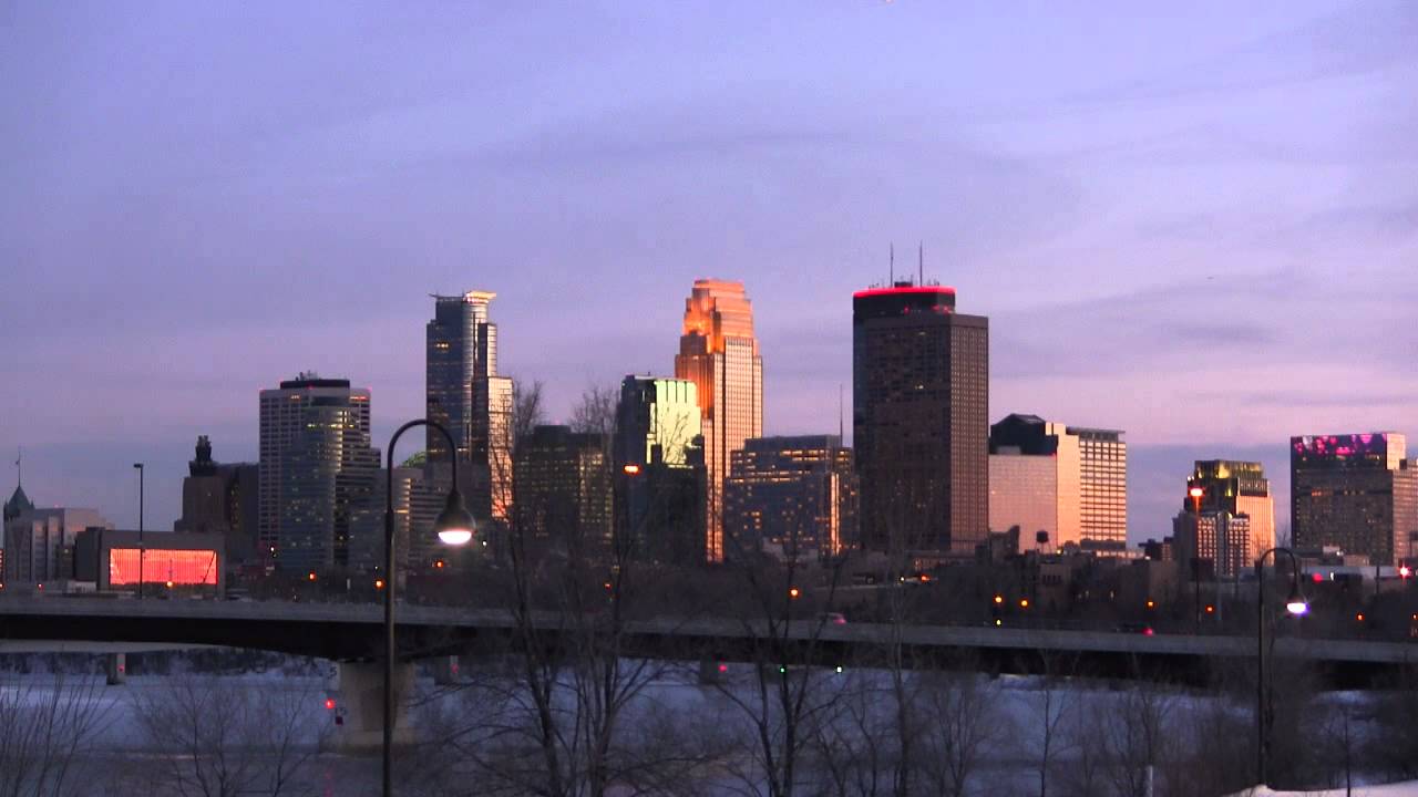 Minneapolis skyline IDS red lights Valentine's Day