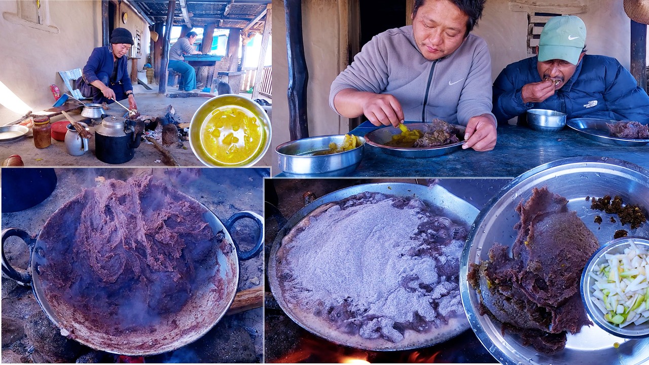 bhumi cooks millet flour rice Dhido for lunch || lunch with friends in the village || rural Nepal ||