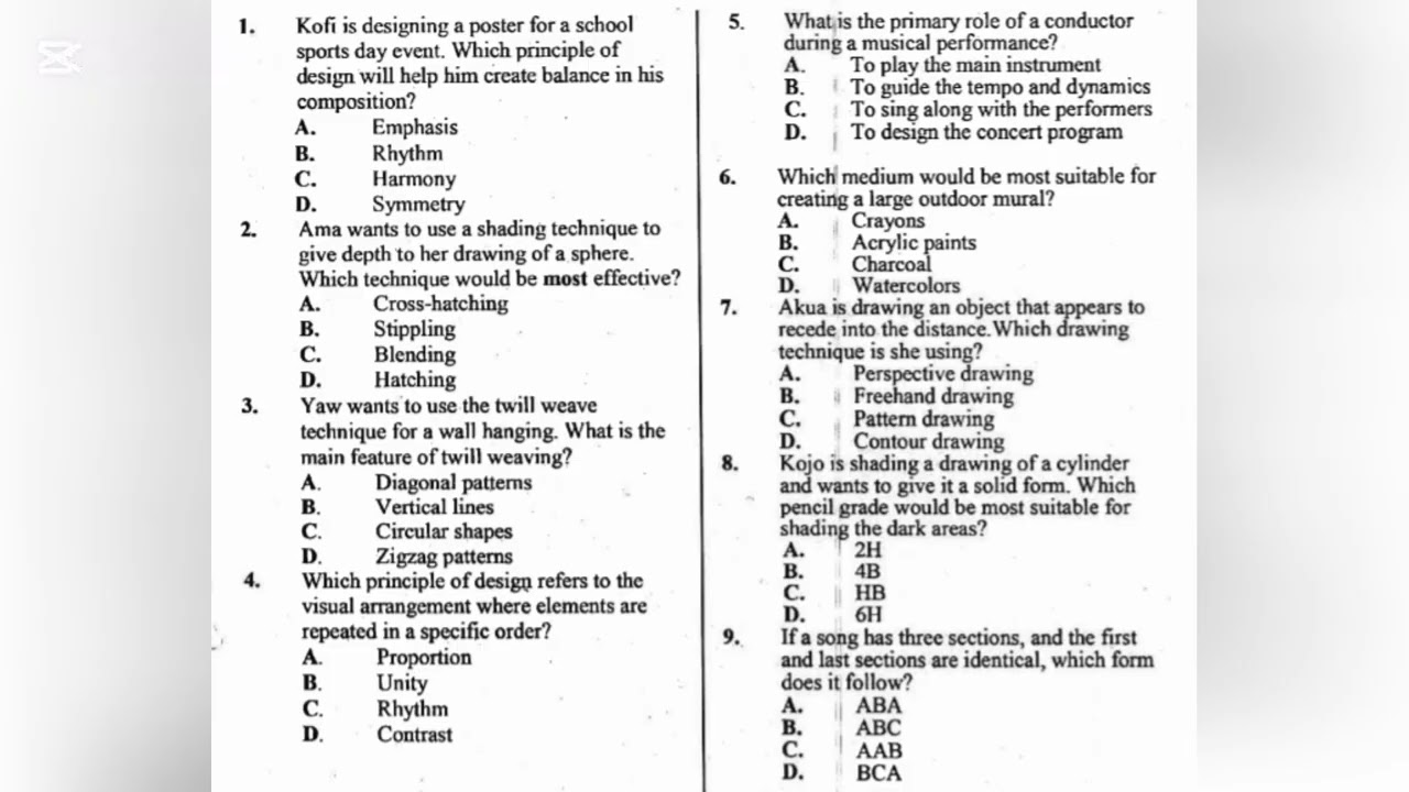2025 Creative Arts Mock Examinations (Best Brain) With Answers