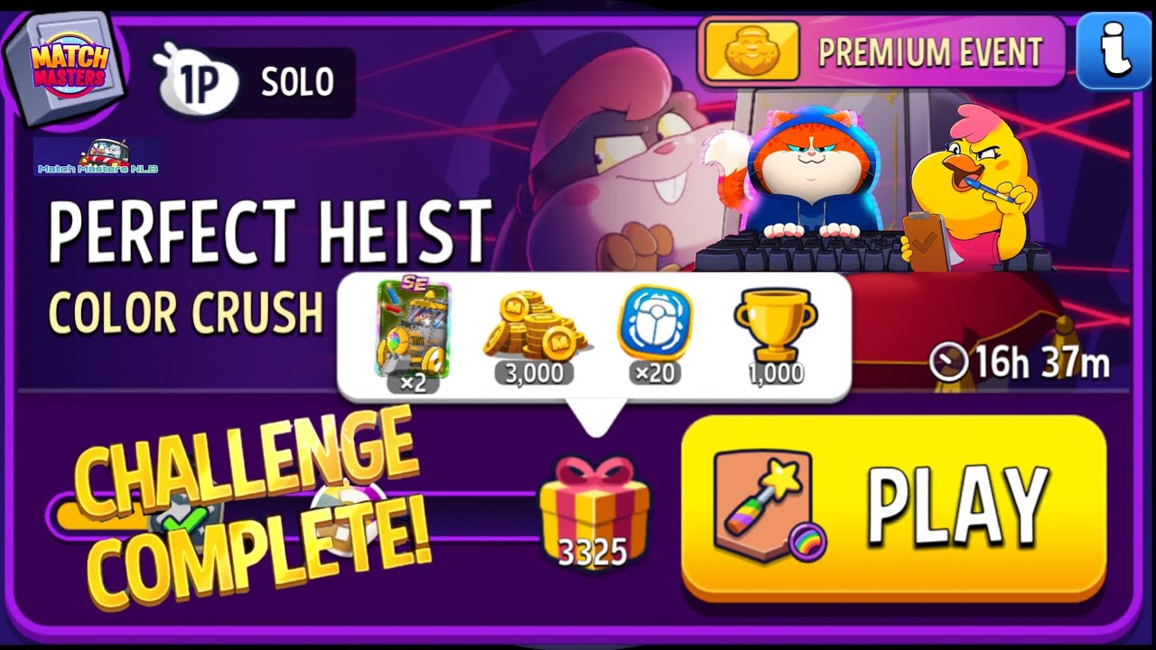 Solo Challenge Perfect Heist Color Crush Rainbow 3325 score complete Match Masters