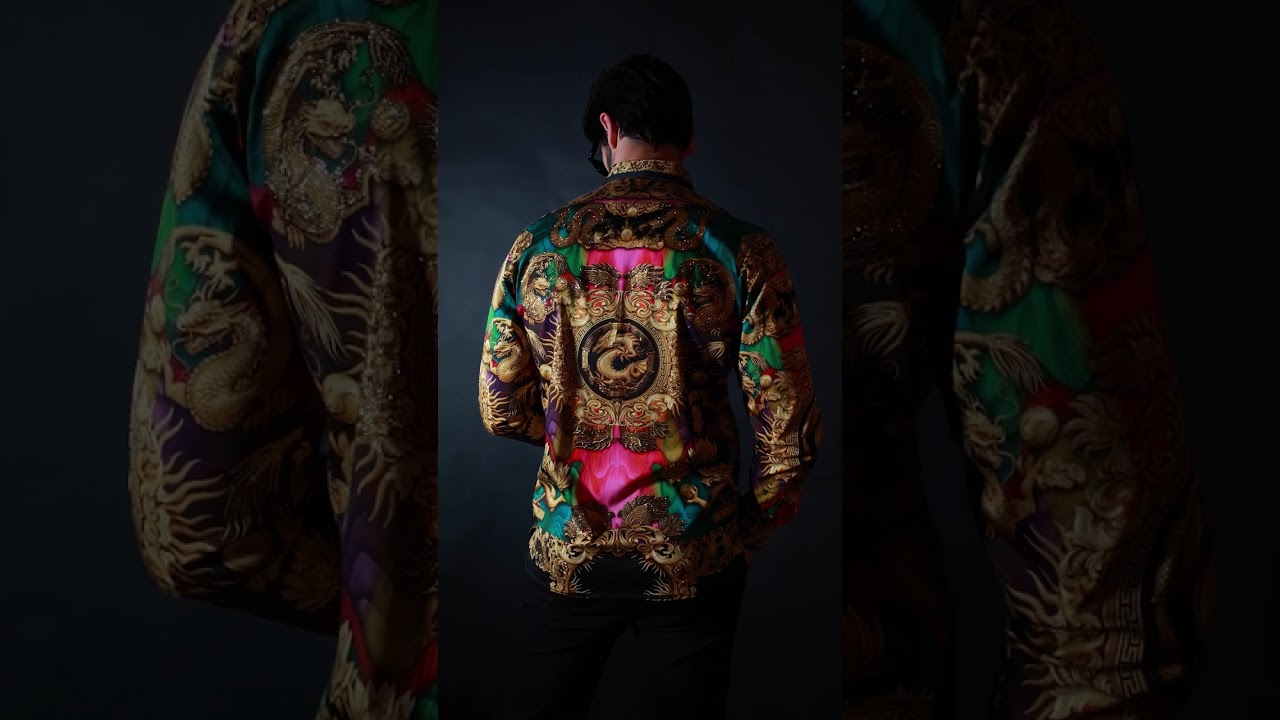 Luxury Party Wear for Men | Dragon Print Gold Shirt