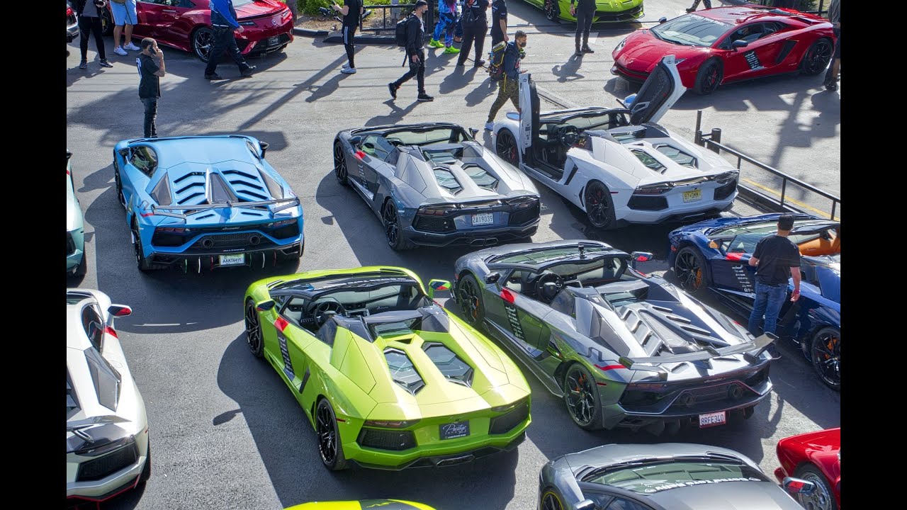 100 Lambos Arriving To Corsa Toro Rally at Lamborghini Miami - Aventador SVJ, Huracan Evo, Diablo