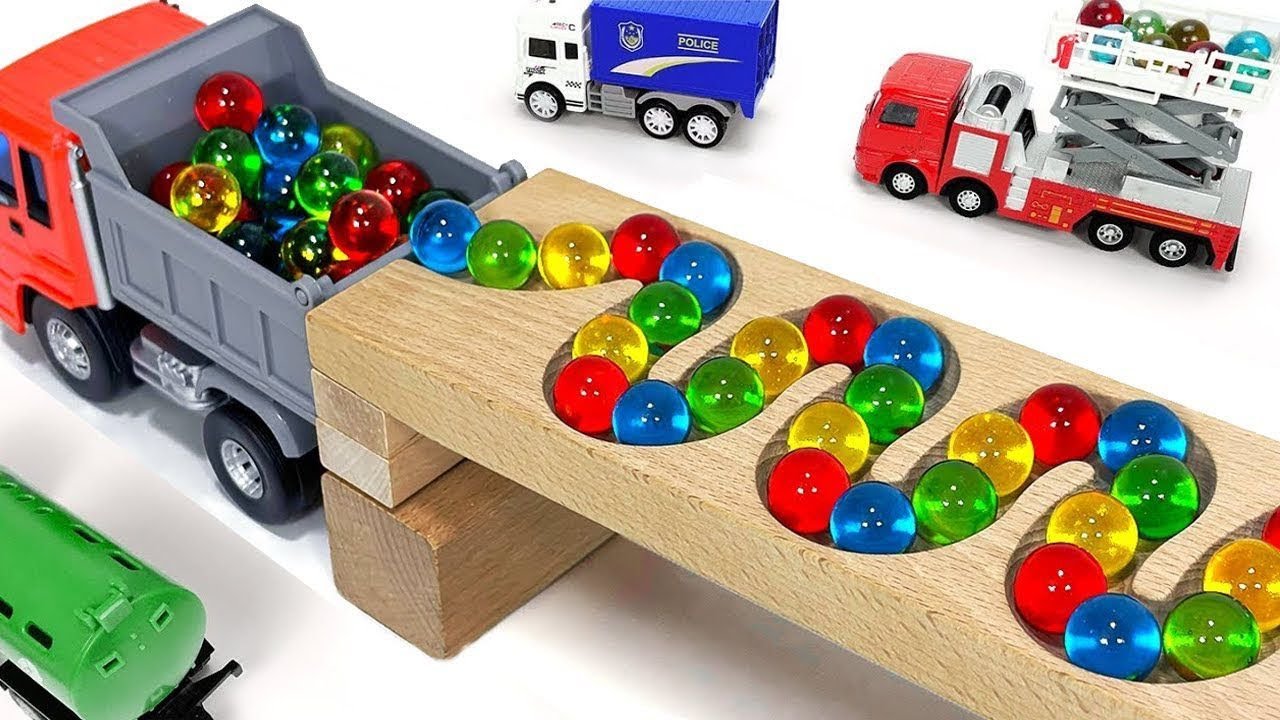 Marble Run Race ☆ HABA Slope, Dump Truck & Garbage Trucks , UPS Delivery Truck, Farm Tractors