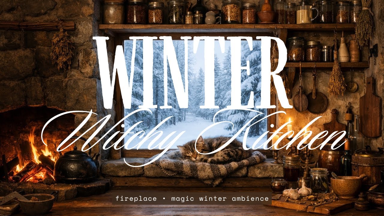 Cozy Witchy Kitchen 🔥 | 1 Hour Fireplace Sounds | Winter Forest Ambience