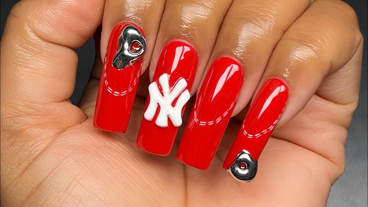 3D New York Yankees Logo + Chrome Nail Art | DIY Red Gelx Nails