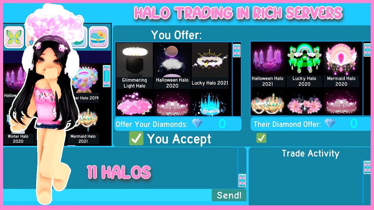 Halo trading in rich royale high servers *getting 11 halos* (Royale High Roblox)