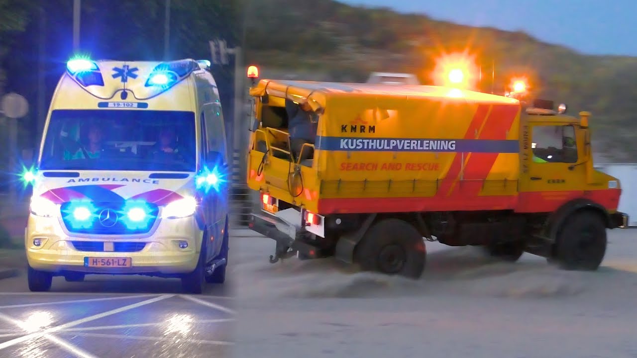KHV Mercedes Unimog 1985 KNRM Westkapelle ondersteund Ambulance bij A1 rit op strand in Vlissingen!