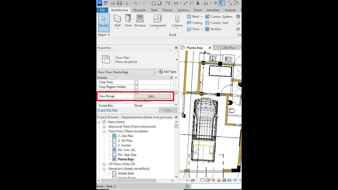 04 REVIT, Floor Plan, Plano de Planta, Floor Plan, Extents, Extensión, View Range, Rango de Vista