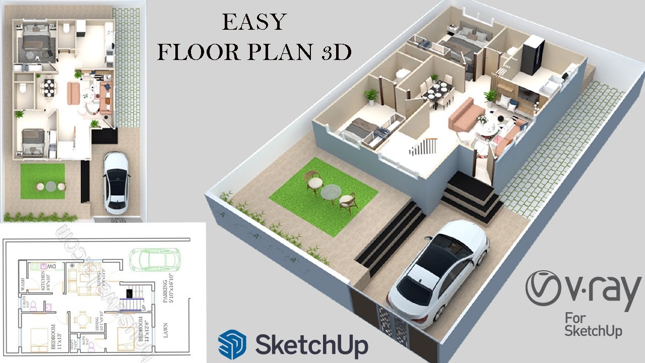How To Create 3D floor plan l 2D to 3D l Sketchup l VRay