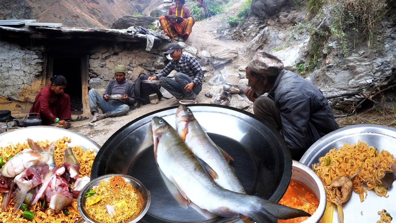 village fish food || dharme brother family & friends food in the farm house || rural Nepal