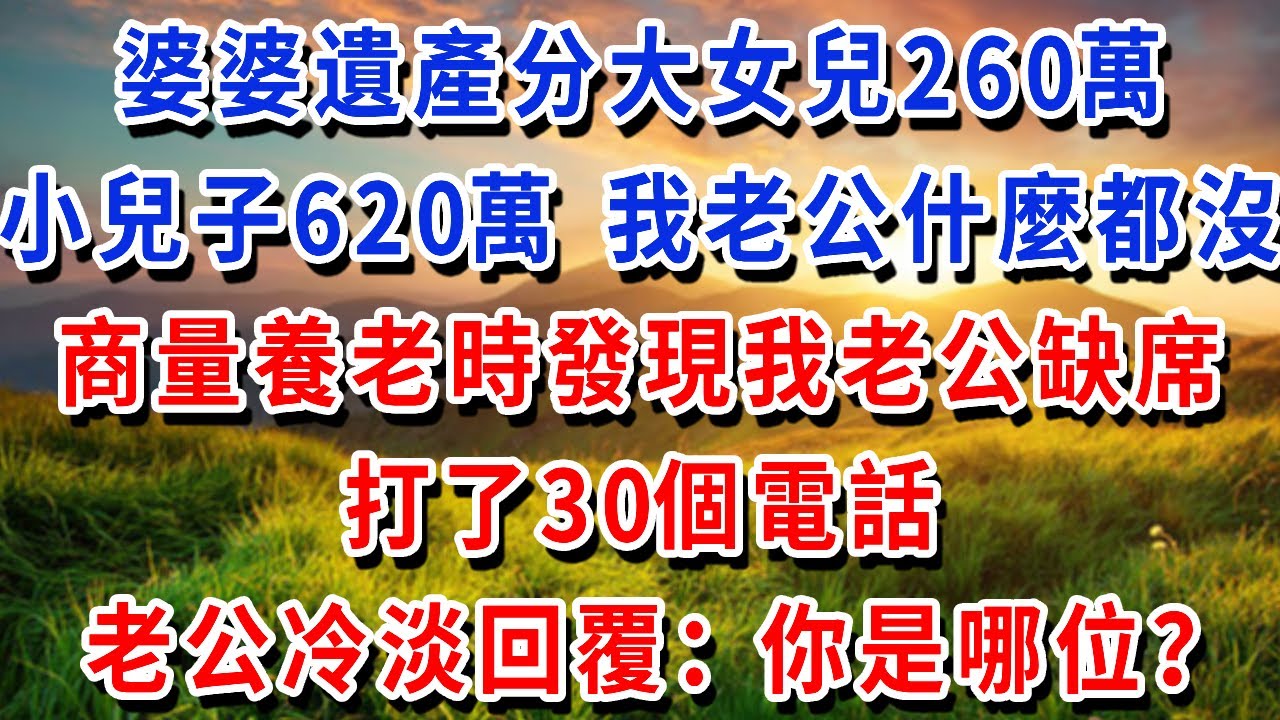婆婆遺產分大女兒260萬，小兒子620萬，什麼都沒給我老公，商量養老時發現我老公缺席，打了30個電話，老公冷淡回覆：你是哪位？#書婷講故事 #為人處世#生活經驗#情感故事#晚年哲理#說故事#完結文