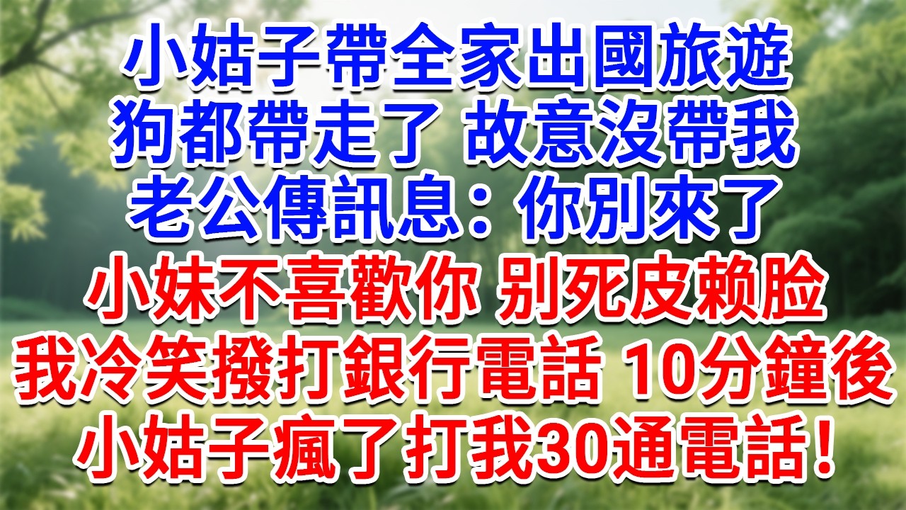 小姑子帶全家出國旅遊，狗都帶走了 故意沒帶我，老公傳訊息：你別來了，小妹不喜歡你，别死皮赖脸！我冷笑撥打銀行電話，10分鐘後小姑子瘋了打我30通電話！#生活經驗#情感故事#故事#小說#戀愛#情感#婚姻