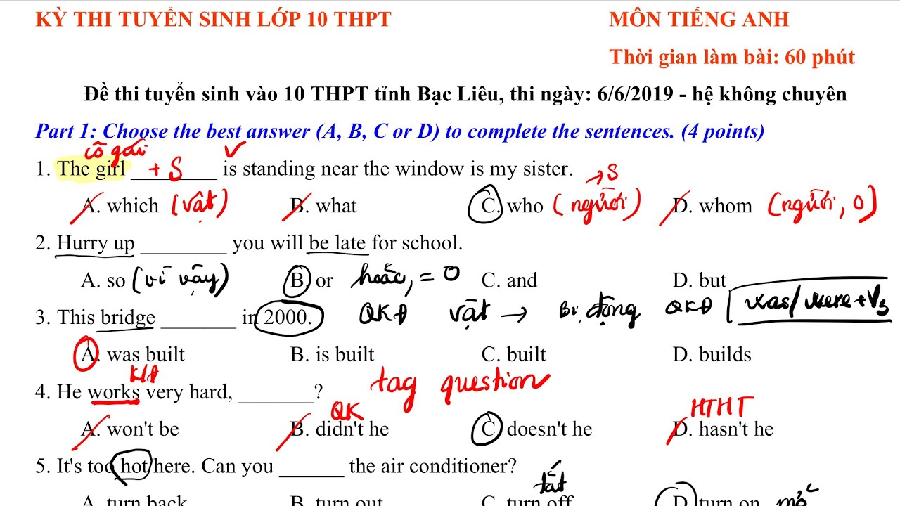 Đề Anh 11 - Bạc Liêu |Giải đề thi tuyển sinh vào 10 môn Tiếng Anh năm 2019
