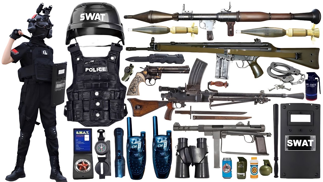 Special Forces Military Toy Gun Set Open Box, MP5 submachine gun,RPG rocket launcher,tactical helmet