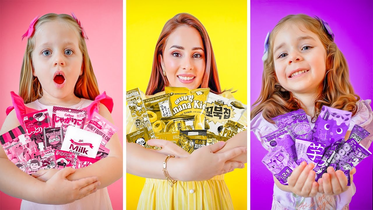 جربنا كل انواع السناكات الكورية باللون الوردي والبنفسجي والاصفر 💕💜💛