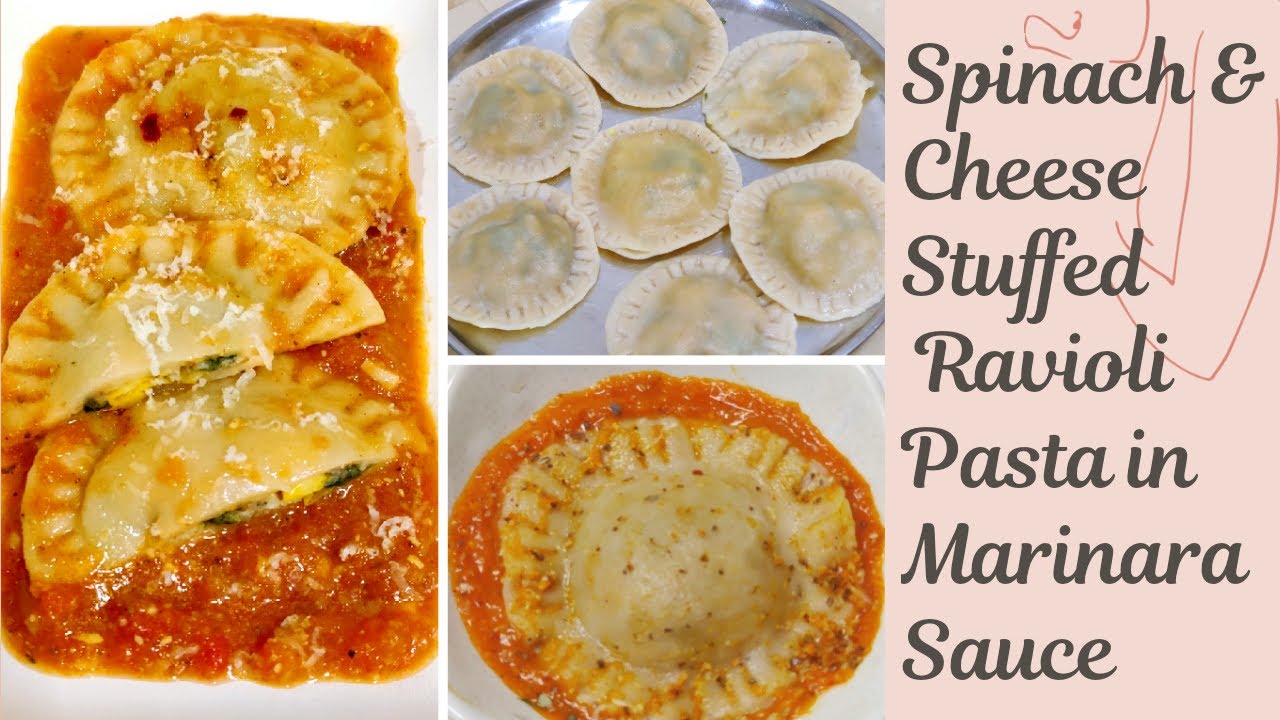 Easy Homemade wheat Ravioli Pasta No egg recipe| Spinach&cheese stuffed Ravioli in Marinara Sauce