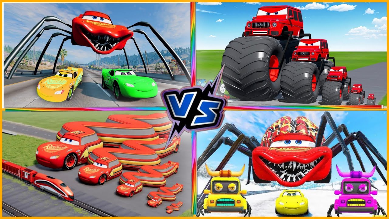 Crazy Cars Battle! 🏎️🕷️ Spider-McQueen vs Monster Trucks & Giant Snakes! 🐍🔥 Who wins?