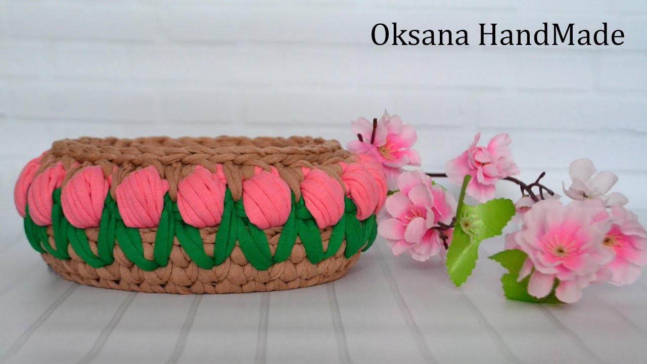 Корзина Тюльпаны из трикотажной пряжи. Basket crochet