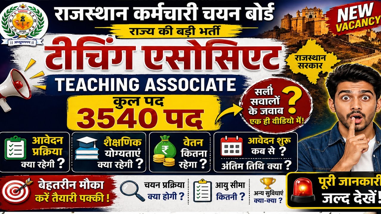Rajasthan Teaching Associate Bharti 2024 | 3540 पद पूरी जानकारी | Apply Date, Salary, Qualification