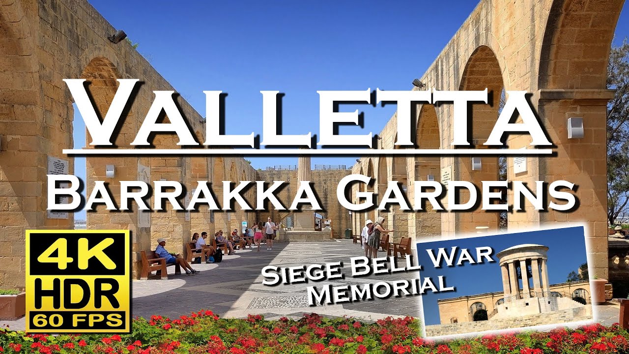 Barraka Gardens , Siege Bell War Memorial , Valletta , Malta , in 4K video HDR ( UHD ), walking tour