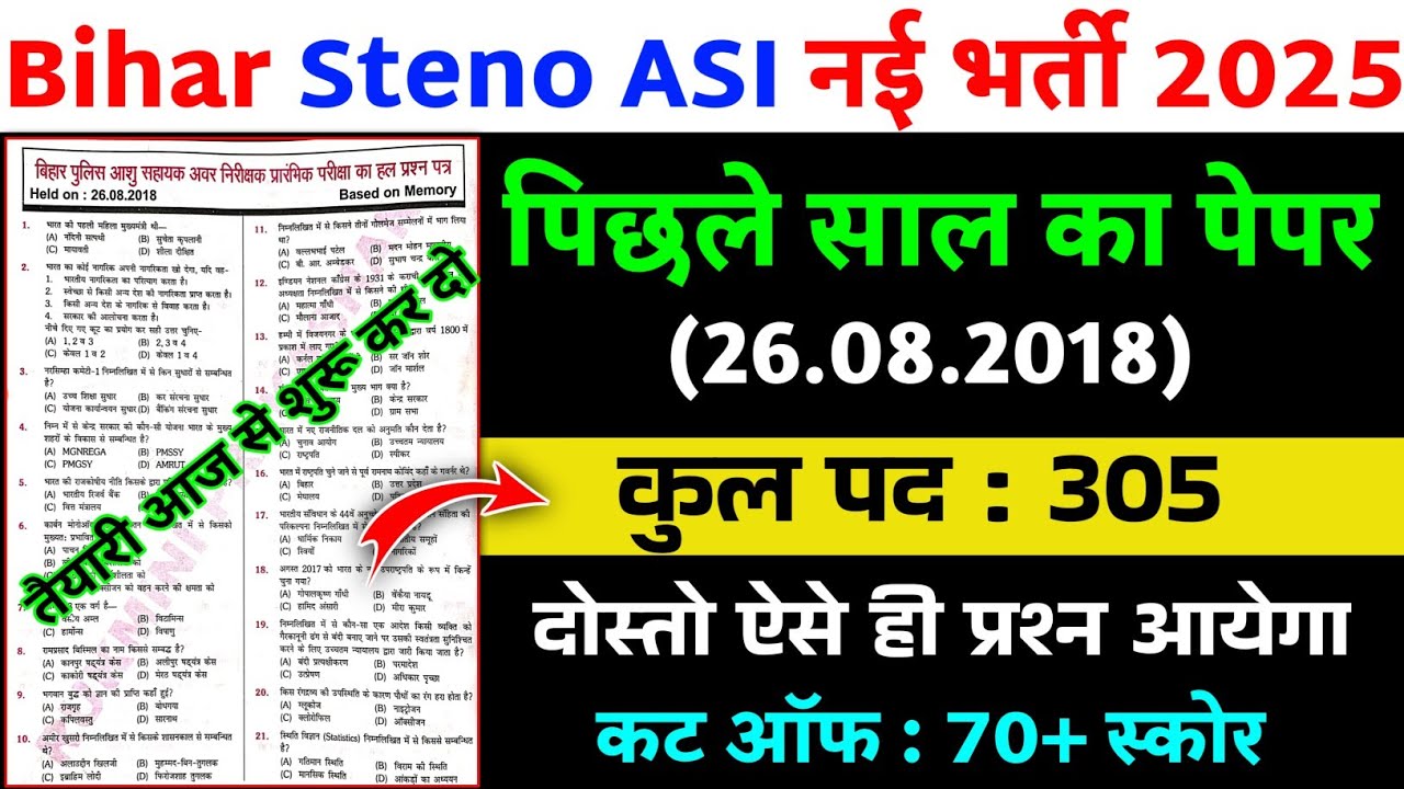 Bihar Steno ASI Previous year question paper || 100 QUESTION | 26.08.2018 | Cut off 70+