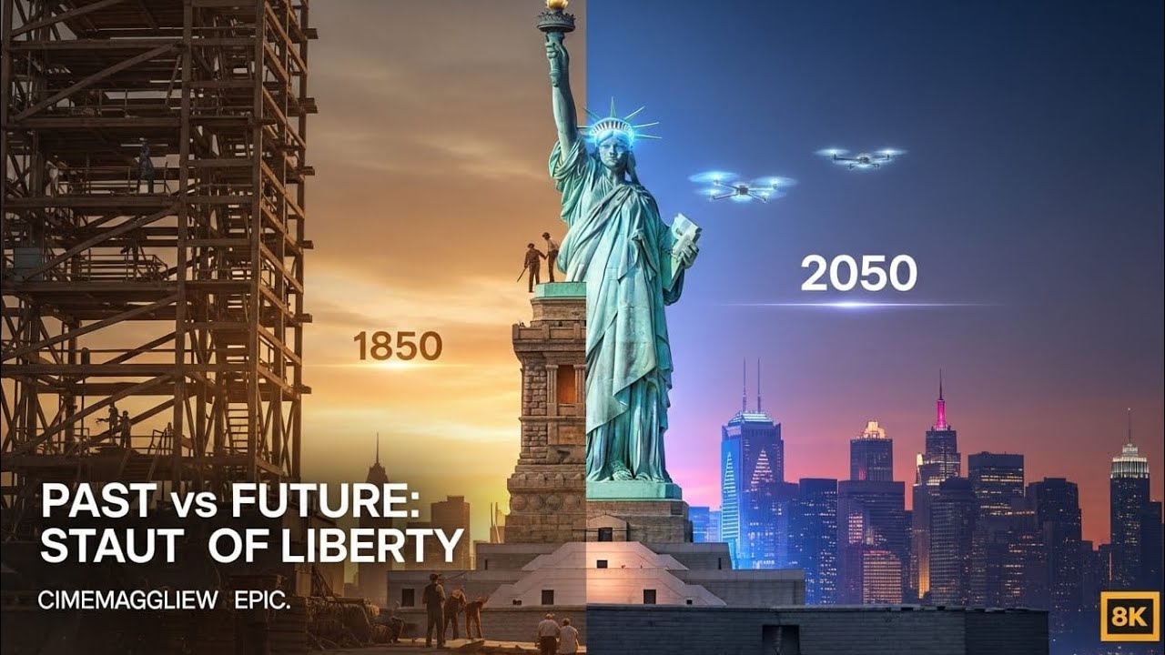 “Statue of Liberty: From 1850 Construction to 2050 Futuristic Vision”