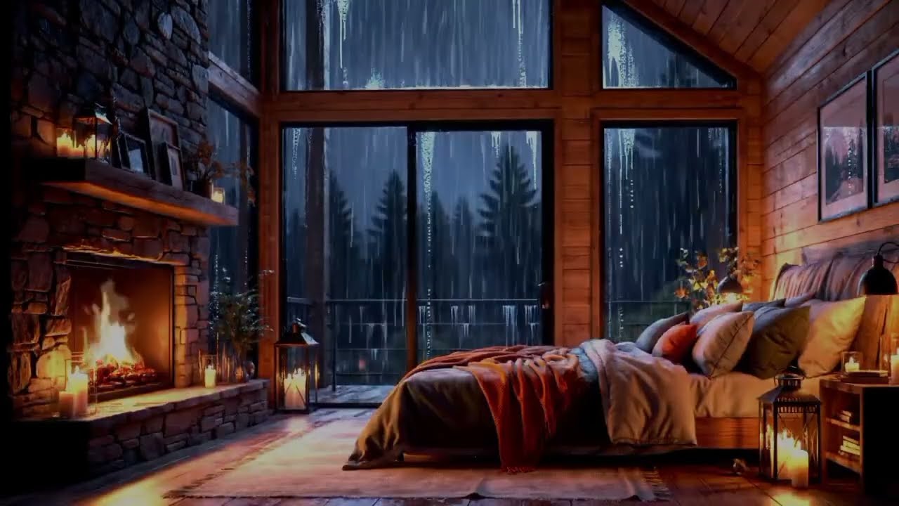 Cozy Cabin Fireplace in Heavy Rain ⛈️ | Colorful Fire, Relaxing Rain & Crackling Sounds