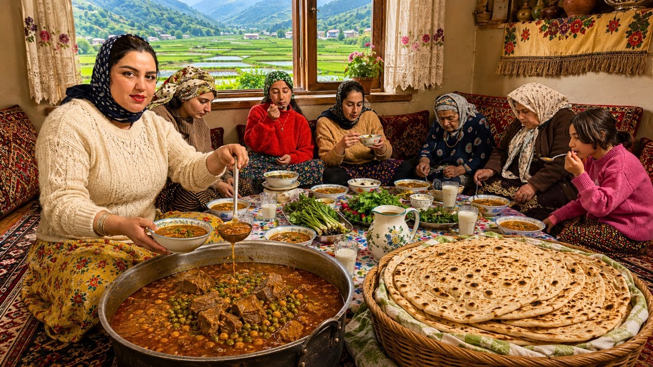 Authentic Village Day in Northern Iran | Rain, Rice Fields,beans Stew & Homemade Bread 🌧️🍞🌾