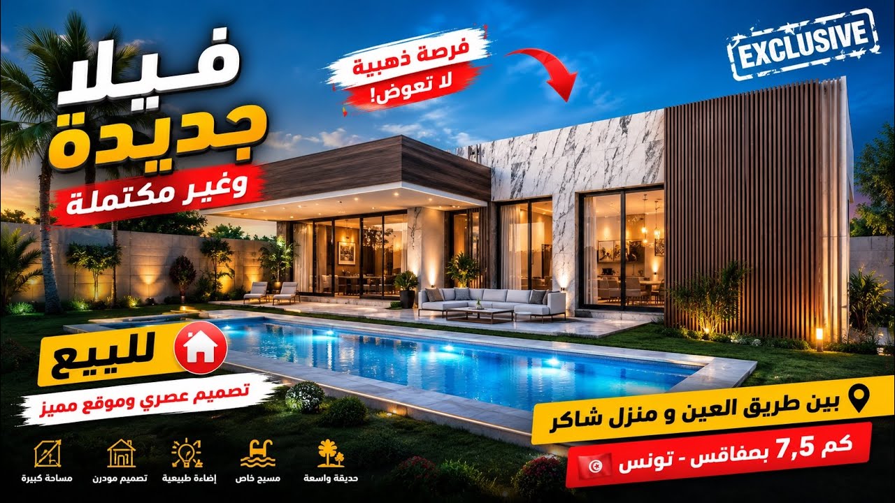 فيـلا جديـدة و غير مكتملة للبيـع بين طريـق العيـن و منزل شاكـر كم 7,5 بصـفاقس ، تونس 🇹🇳 #عقارات_وسام
