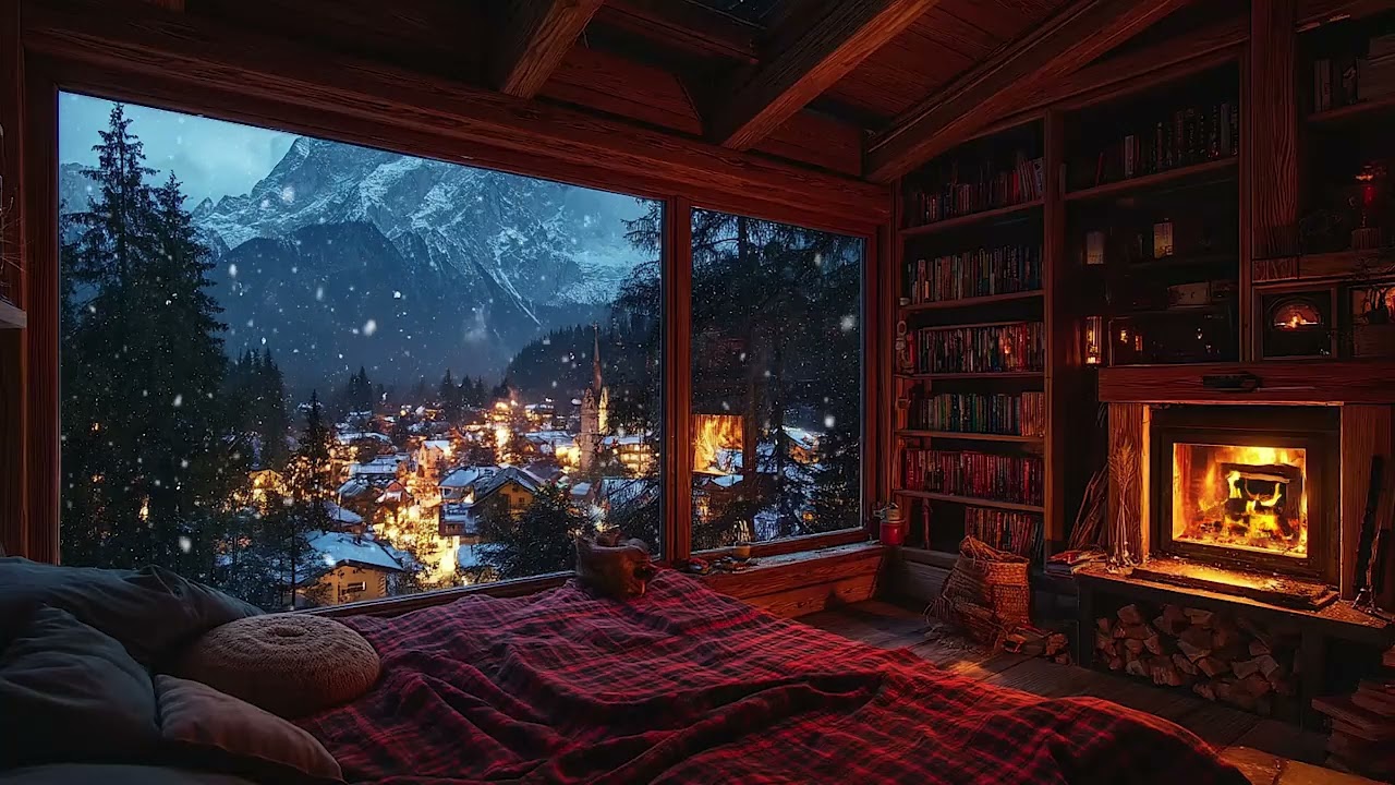 Relaxing Snowy Winter Cabin ❄️ Soft Snowfall & Fireplace Glow for Night Sleep and Calm Minds