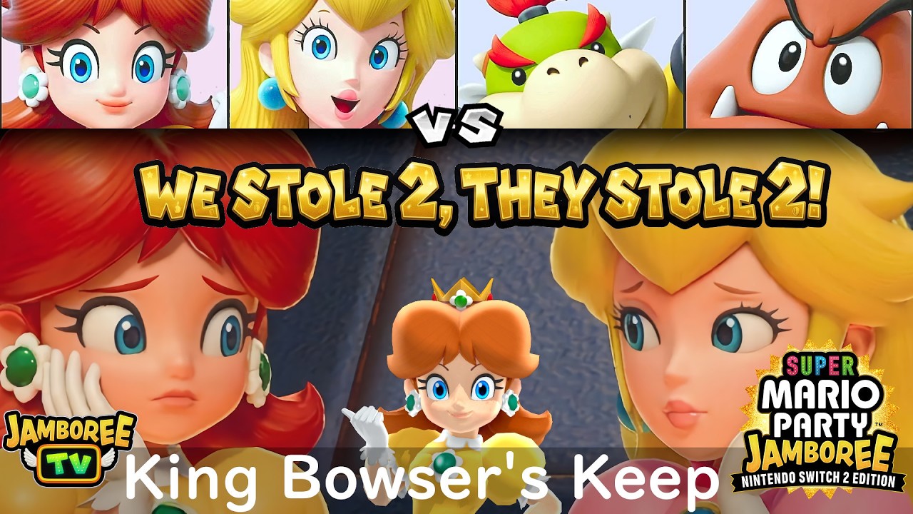 Super Mario Party Jamboree TV Daisy & Peach vs Bowser Jr. & Goomba in King Bowser's Keep