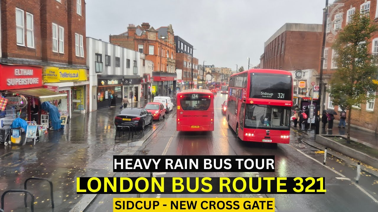 London. Bus Tour on the Rain: Route 321 Upper Deck View from Sidcup to New Cross Gate