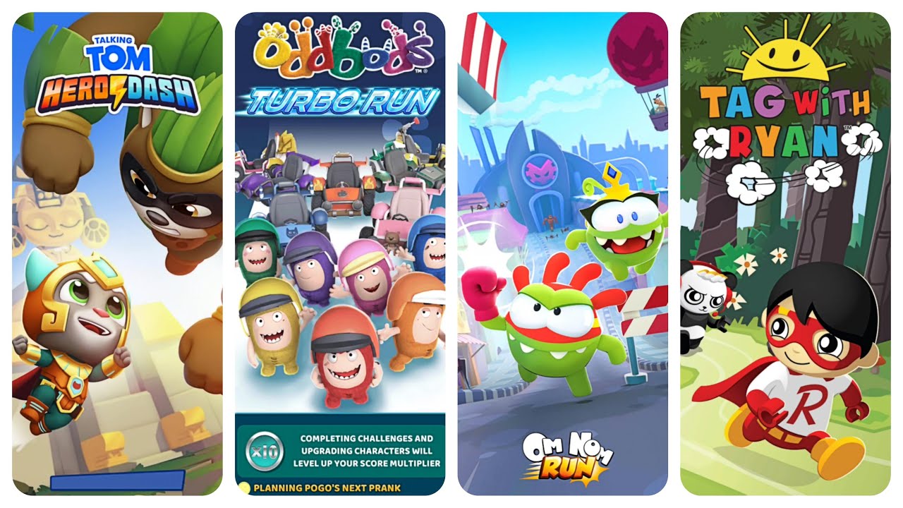 Talking Tom Hero Dash vs Oddbods Turbo Run vs Om Nom Run vs Tag With Ryan