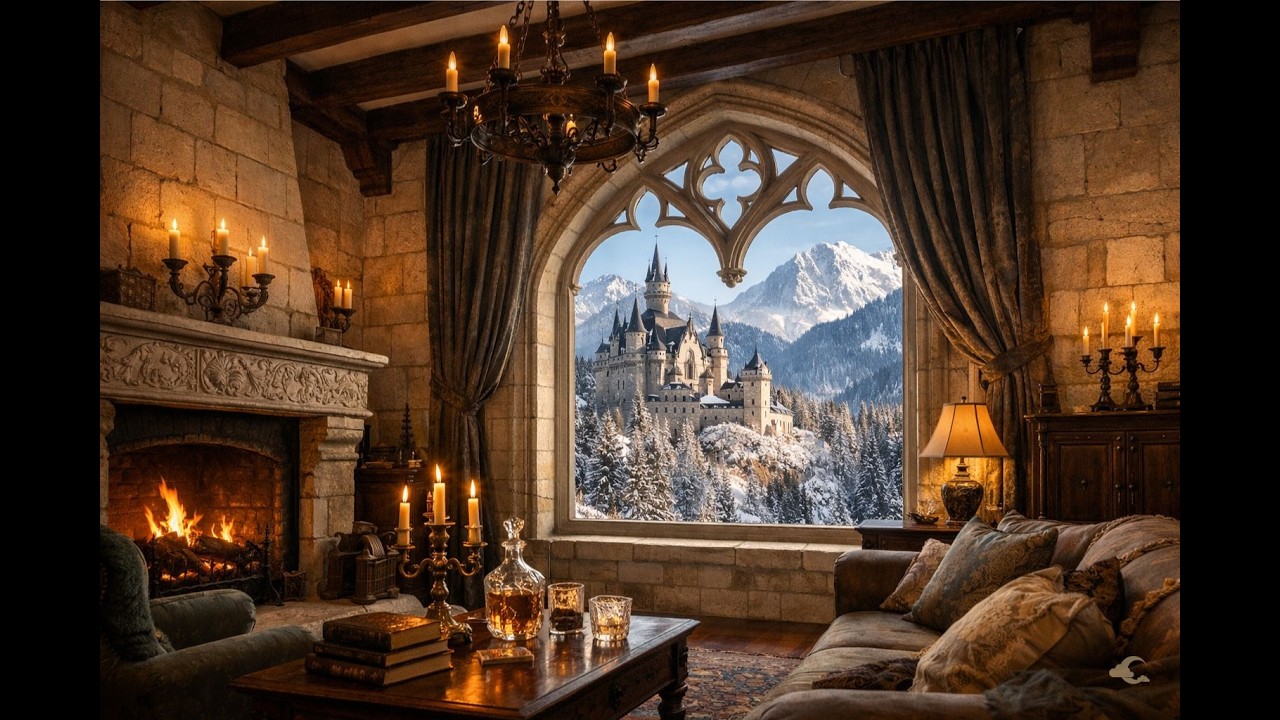 Castle Retreat Ambience 🏰 Cozy Fireplace & Snowfall | Winter Night for Sleep & Relaxation