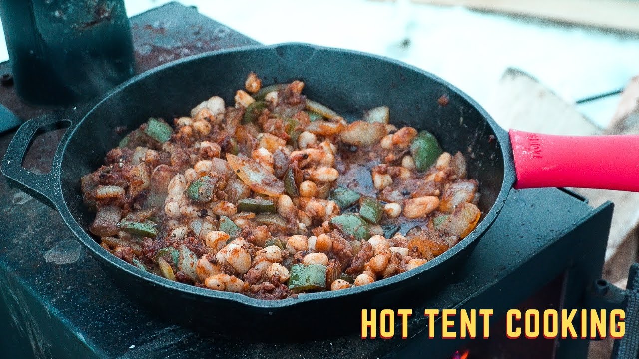 Hot Tent Cooking | Cooking Chorizo and Beans on Camp Stove in Hot Tent