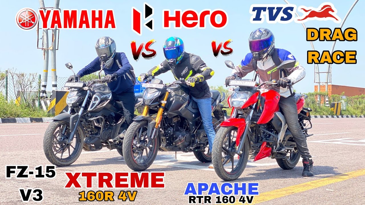 new hero xtreme 160r 4v e20 vs tvs apache rtr 160 4v vs yamaha fz150 v3 [ triple battle drag race ]