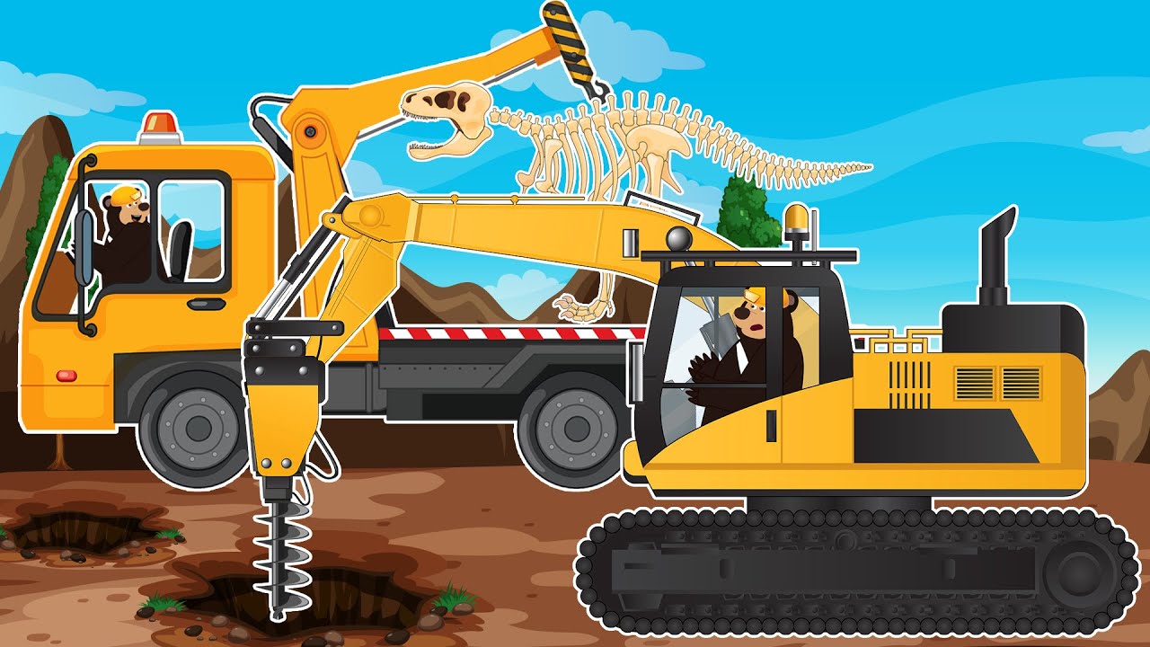 Excavator, Driller & Dump Truck Discover Dinosaur Bones & Rescue a Stuck Car | Vehicles Farm