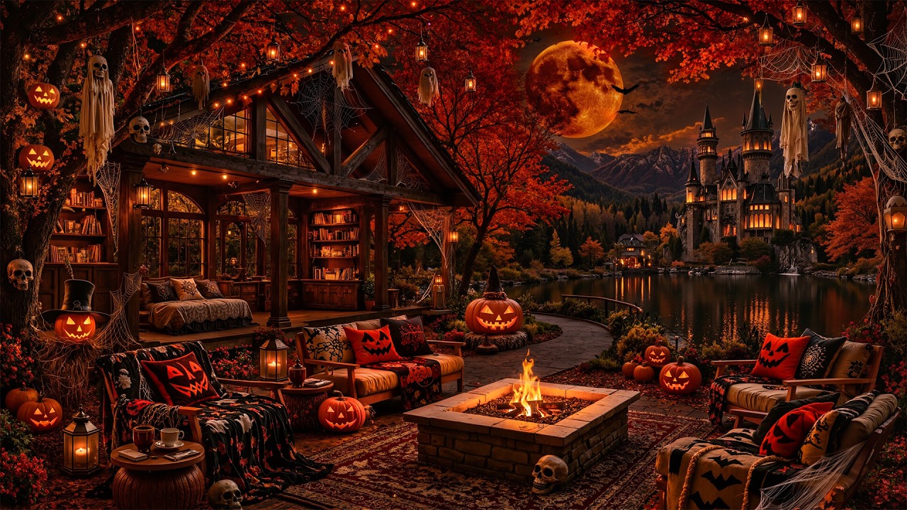 Fall Porch Halloween Night 🎃 | Soft Lakeside Jazz Ambience & Fireplace Crackles for Work