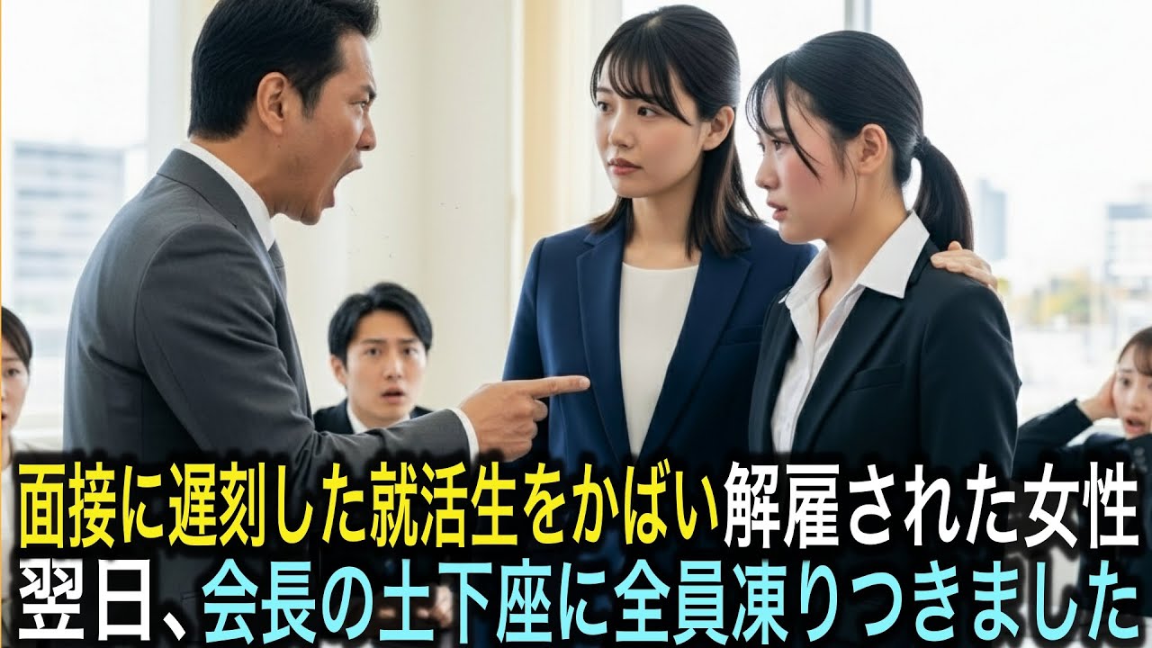 面接に遅刻した就活生を庇った理由で人事部長にクビにされた女性。翌日、彼女の前に会長が現れ…