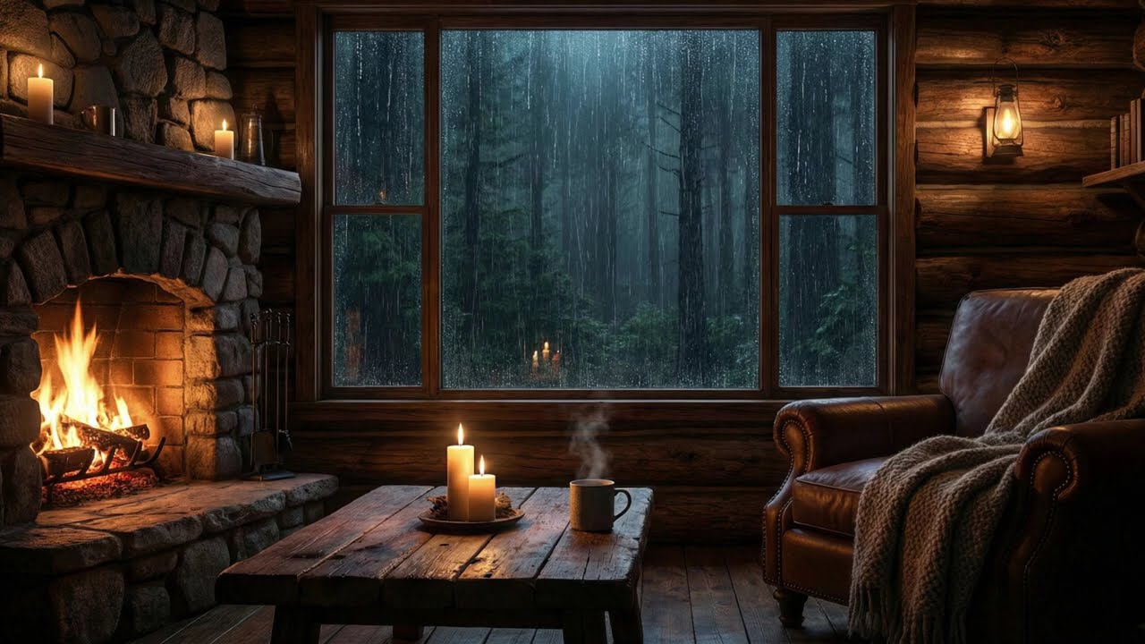 Cozy Forest Cabin Ambience 4K | 🌲Heavy Rain & Fireplace Sounds | 10 Hours for Sleep & Relaxation