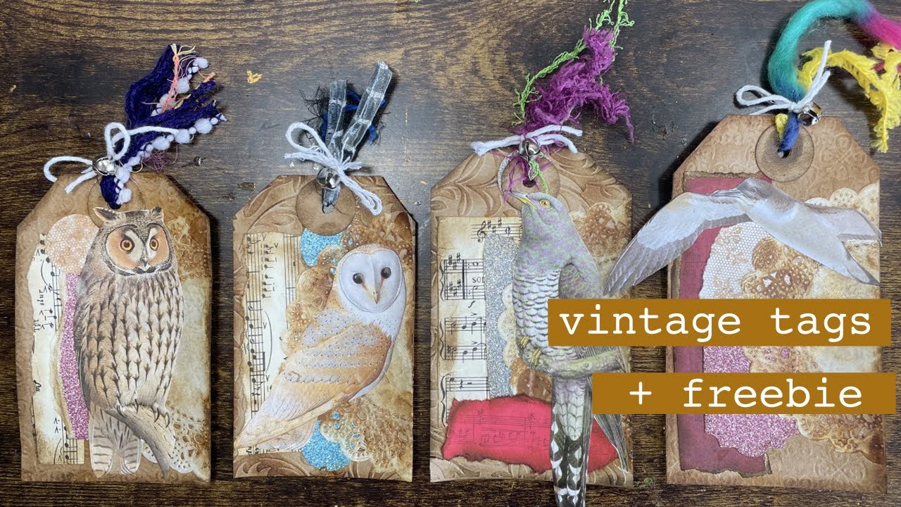 Vintage gift tags junk journal + FREEBIE | shabby chic gift tags with birds scrap paper collage