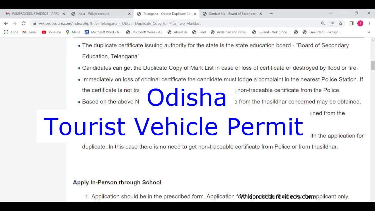 Odisha - Apply Online for Tourist Vehicle Permit (Jeep/Omni/Car) (Online)