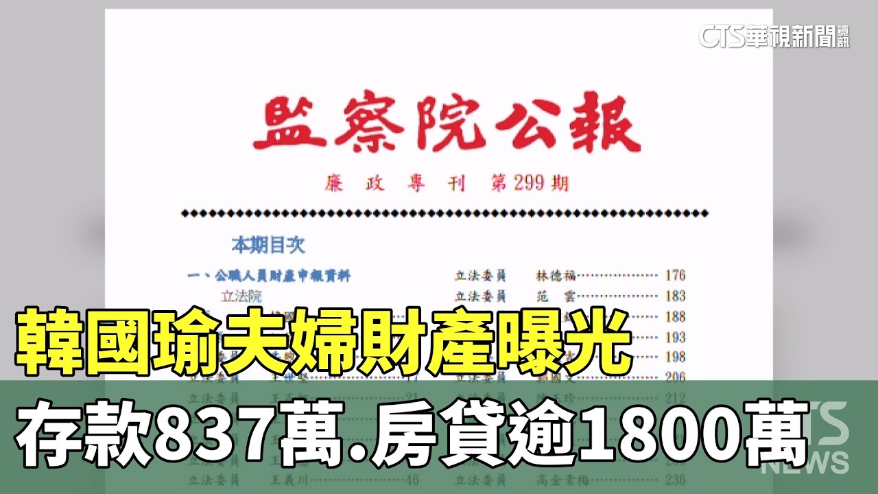 韓國瑜夫婦財產曝光　存款837萬.房貸逾1800萬｜華視新聞 20260319 @CtsTw