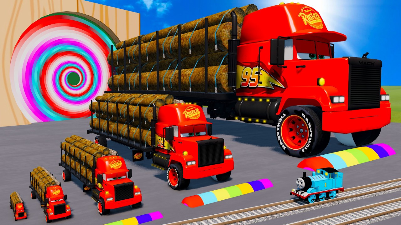 Big & Small Red Long Mack with Logs VS Mcqueen Truck Wheels - Funny Cars vs Spinner - BeamNG.Drive