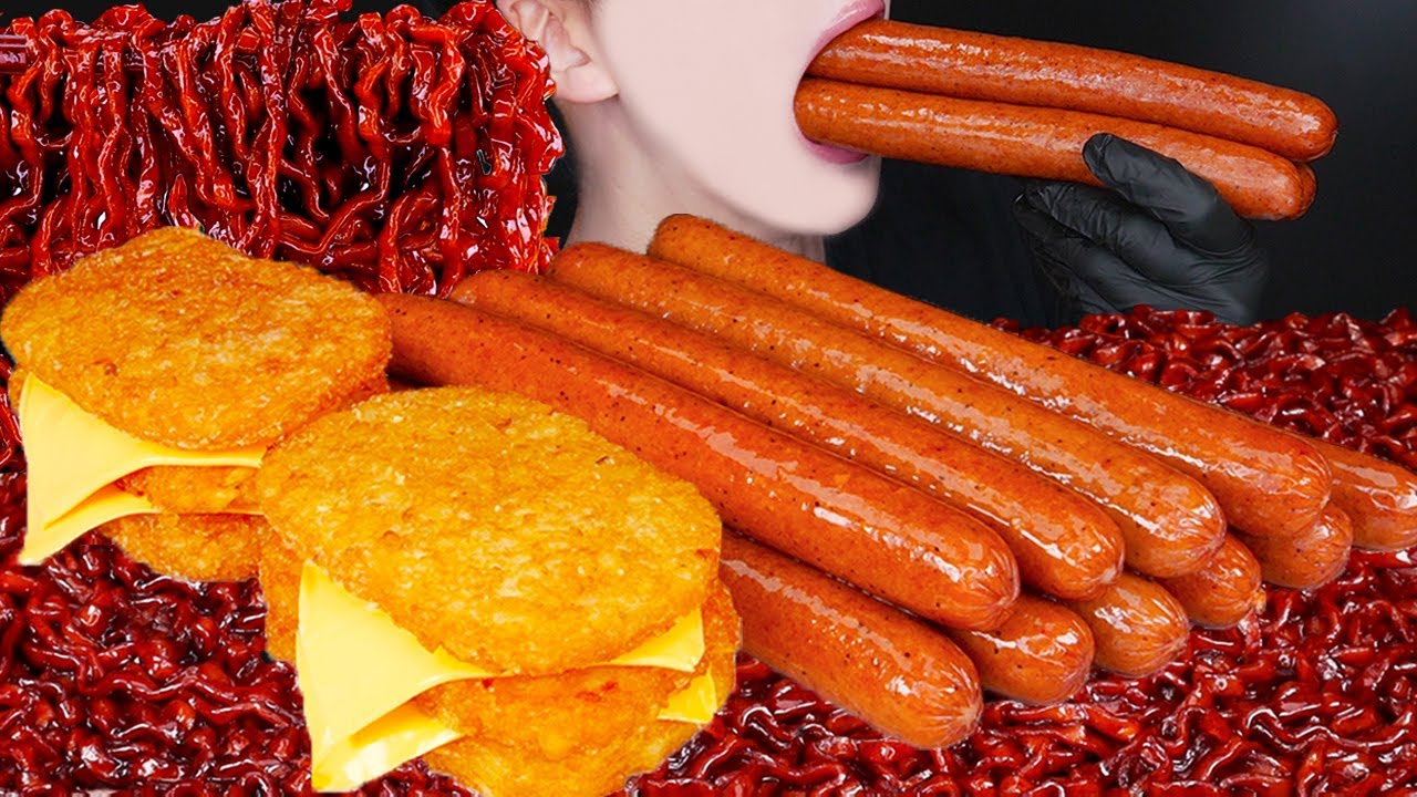 ASMR SAUSAGE CHEESE HASH BROWNS BLACK BEAN NOODLES COOKING MUKBANG 먹방 ソーセージ チャパゲティ 咀嚼音 EATING SOUNDS