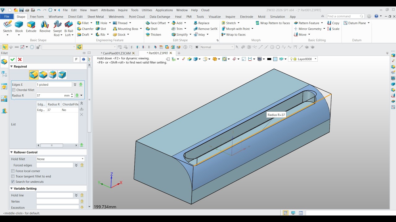 Fillet with Undercut in ZW3D.