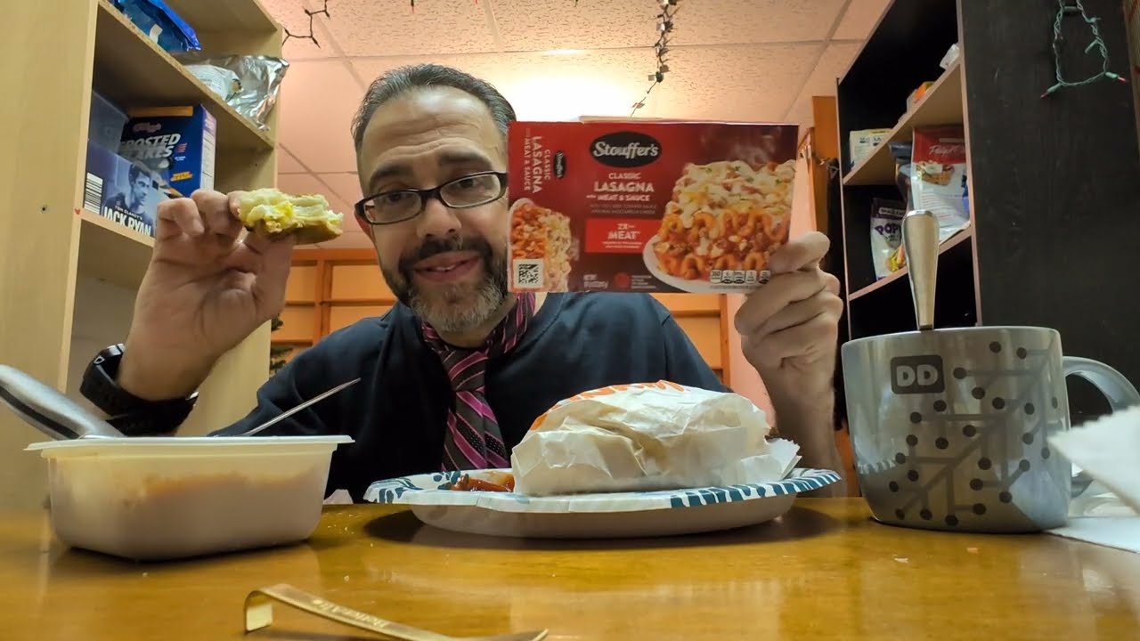ASMR. Eating Stouffer's Lasagna, Dunkins Egg And Cheese Sandwiches, With A Maple Doughnut.